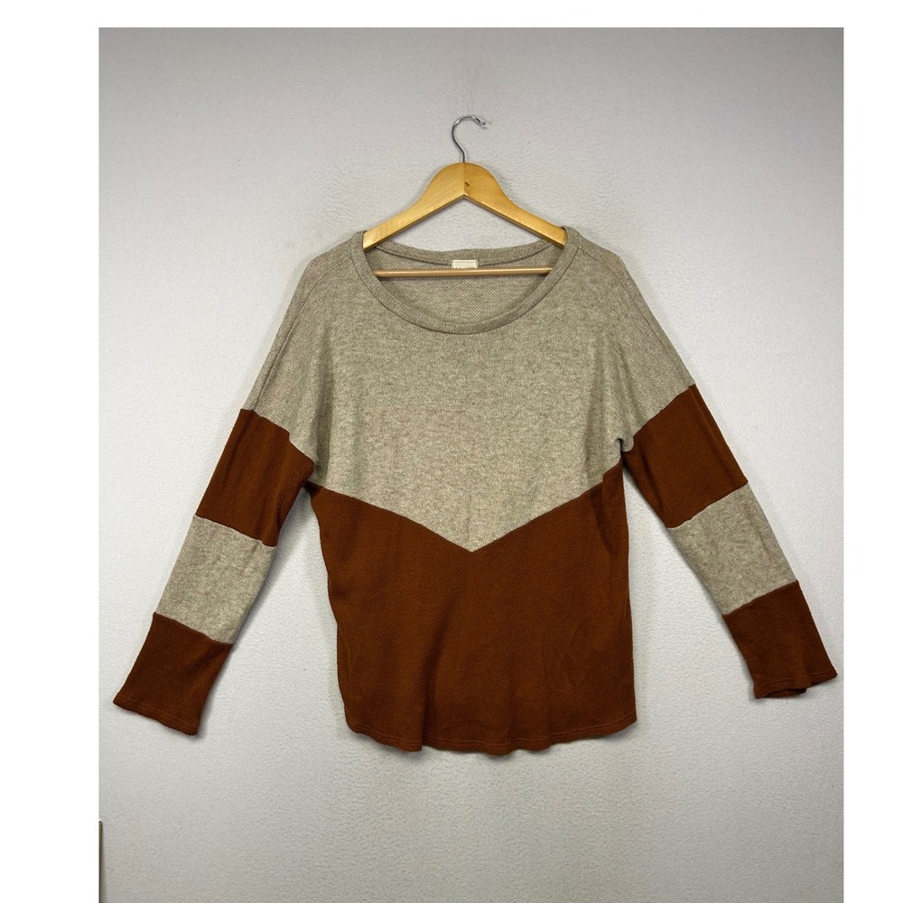 Boho Earthy Lovely Melody Women XL Brown Oatmeal Chevron Colorblock Knit Sweater